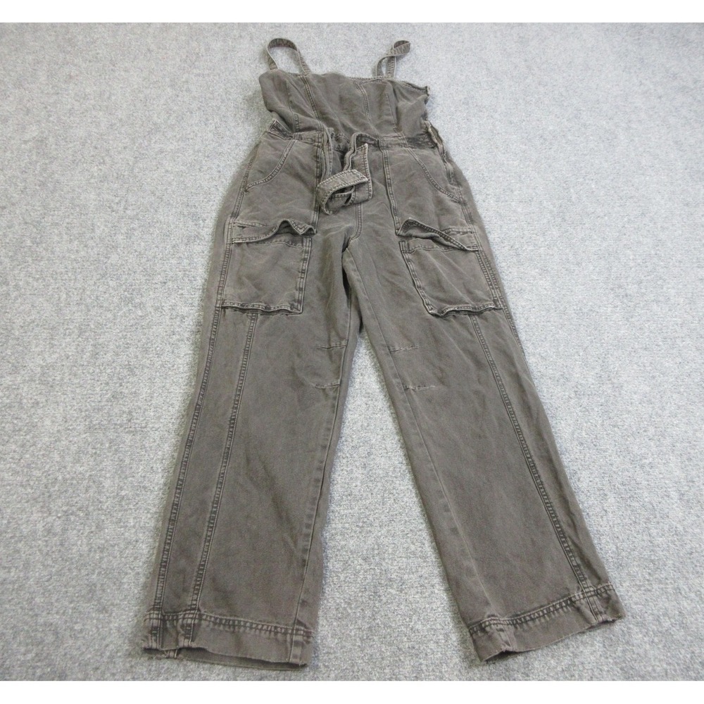 Free People Jumpsuit Womens Large Black Utility Cargo Pockets Twill Straight Leg